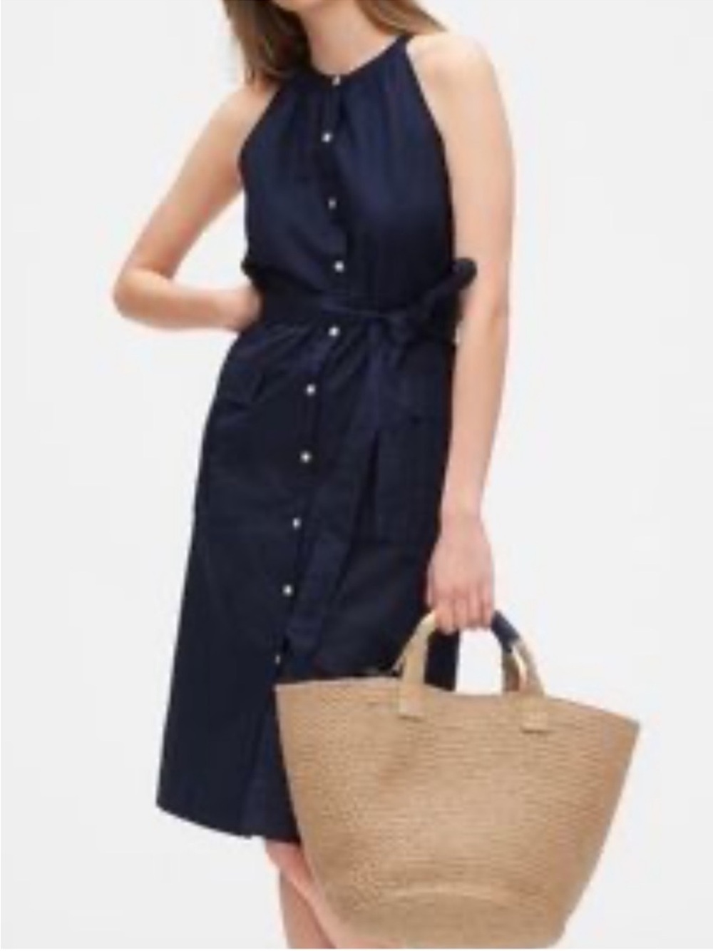 GAP Navy Sleeveless Linen Button-Front Midi Dress with Waist Tie